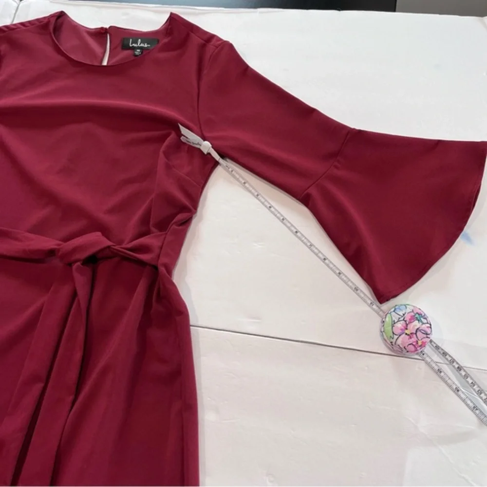 Lulus Last Love Song Burgundy Tie Waist‎ 3/4 Bell Sleeve Dress MEDIUM